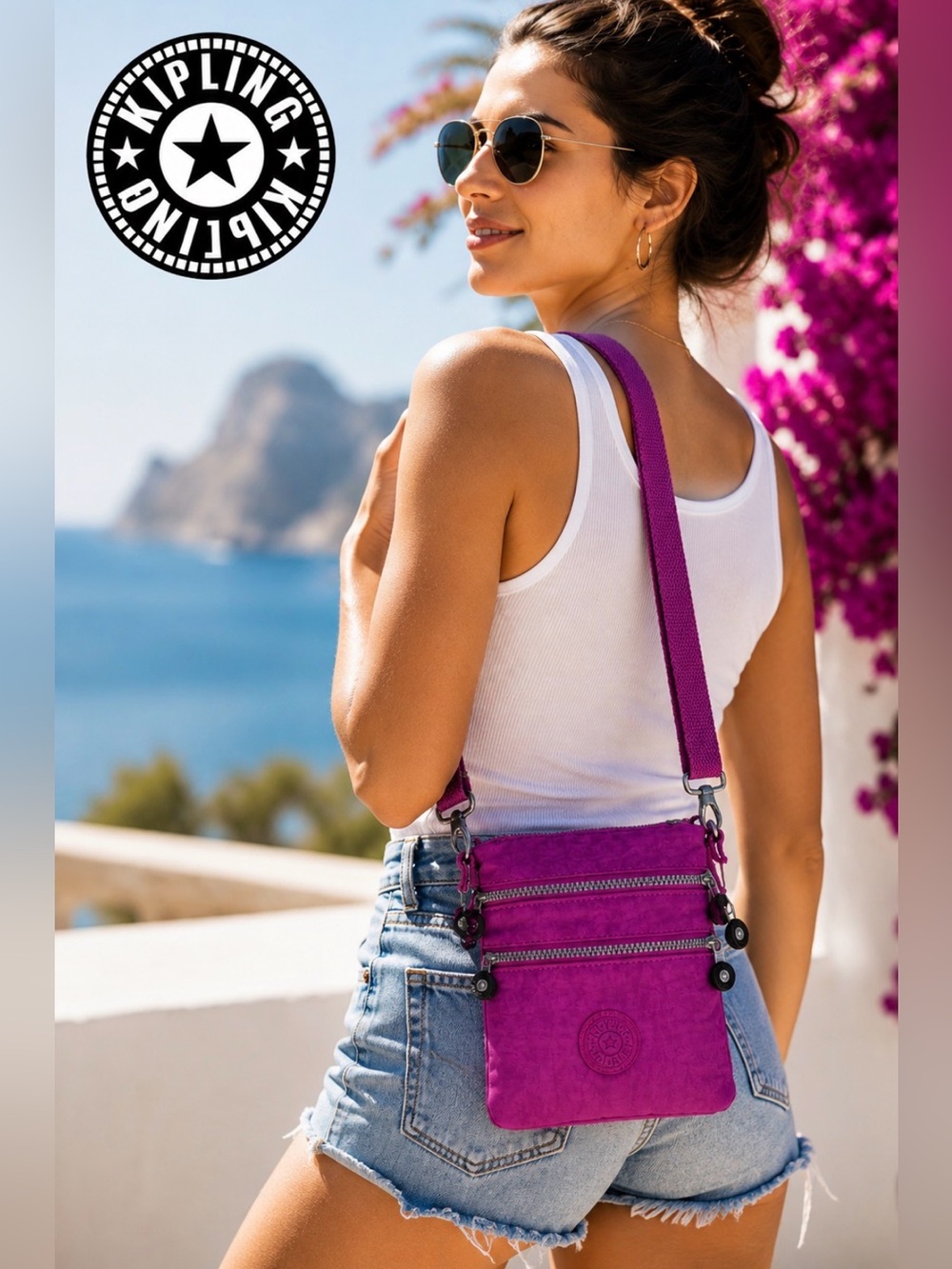 Kipling Purple Crossbody Bag | Nylon Multi-Zip Travel Purse